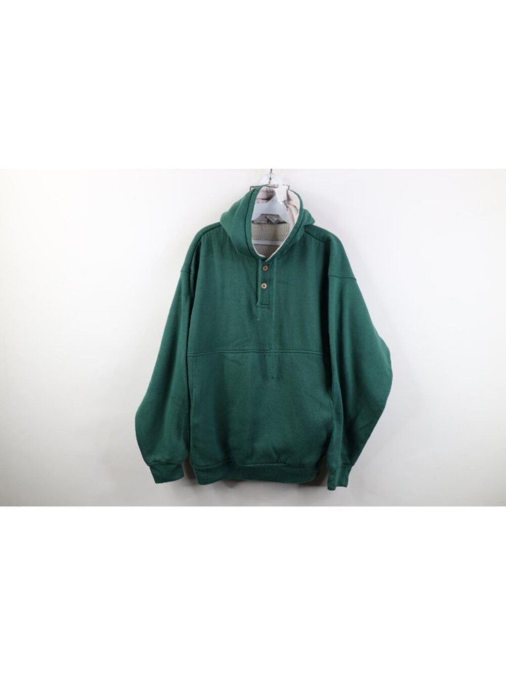 Vtg 90s Streetwear Mens Medium Faded Blank Thermal Lined Hoodie Sweatshirt Green
